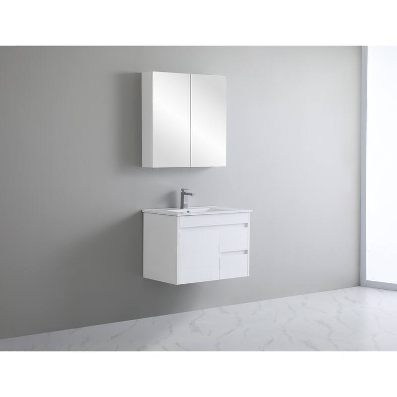 CB HOME 24"/30"/36"/48"/60" Pure White Bathroom Vanity, Floating Wall Mounted Cabinet w/ Integral Ceramic Sink Basin Countertop