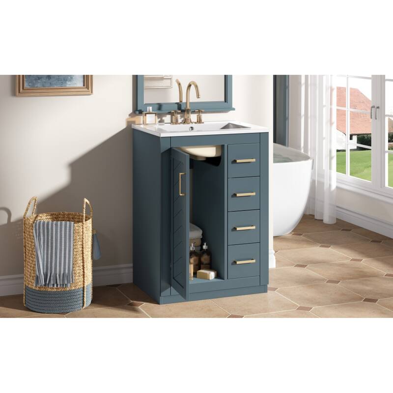 Roomfitters 24 Inch Bathroom Vanity with Integrated Ceramic Sink, Storage Cabinet with 3 Sliding Tiers & Soft Close Door