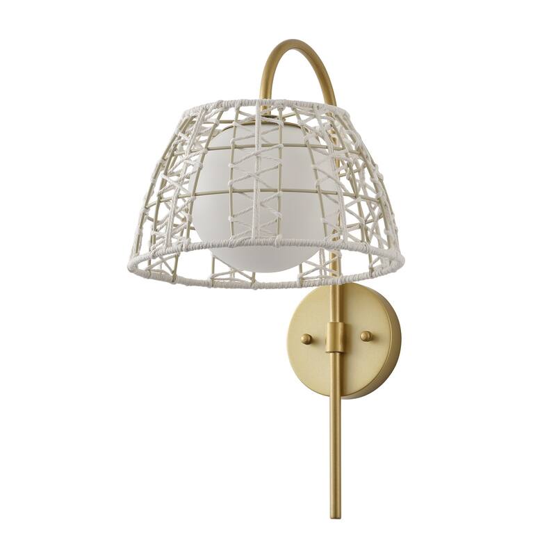 Aiwen Modern 1 Light Wall Sconce Painted Gold Finish White Woven Rattan Opal Acid Etched Glass Shade