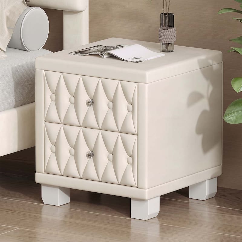 Nightstand with 2 Drawers,Crystal Handles,and Button-Tufted Design,for Bedroom Decor - Beige