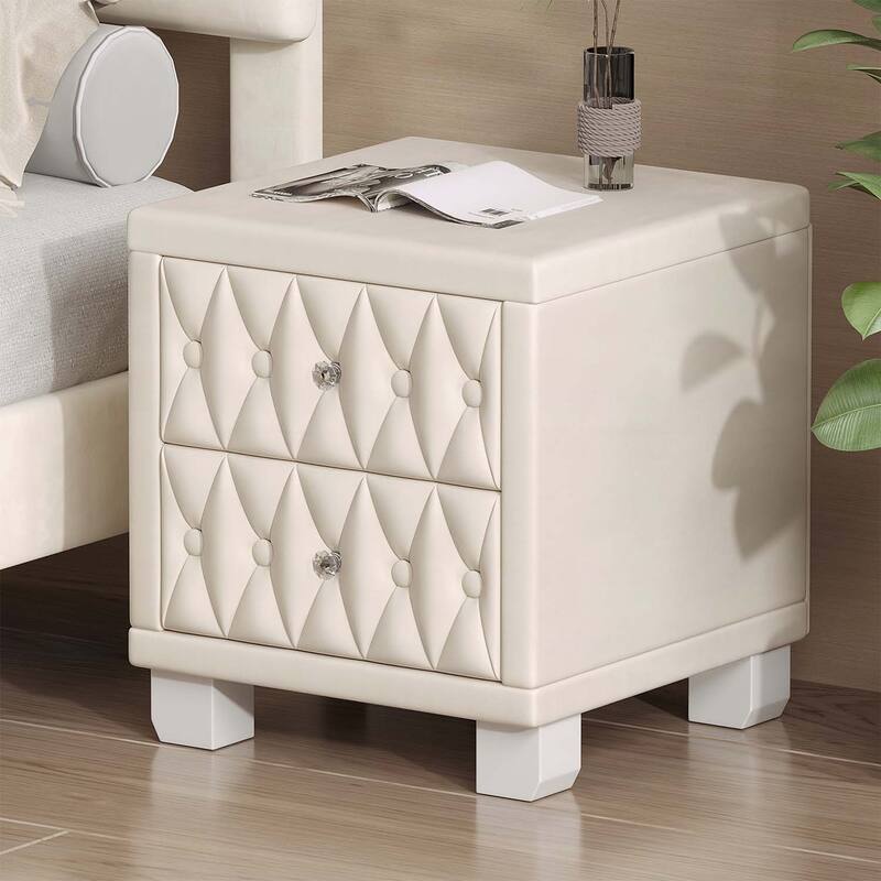 Storage Nightstand Table with Button-Tufted - Beige