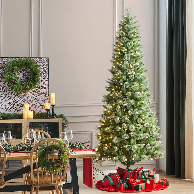 Glitzhome 7.5ft/9ft Pre-Lit Green Slim Pine Artificial Christmas Tree with Foot Pedal & Remote Control