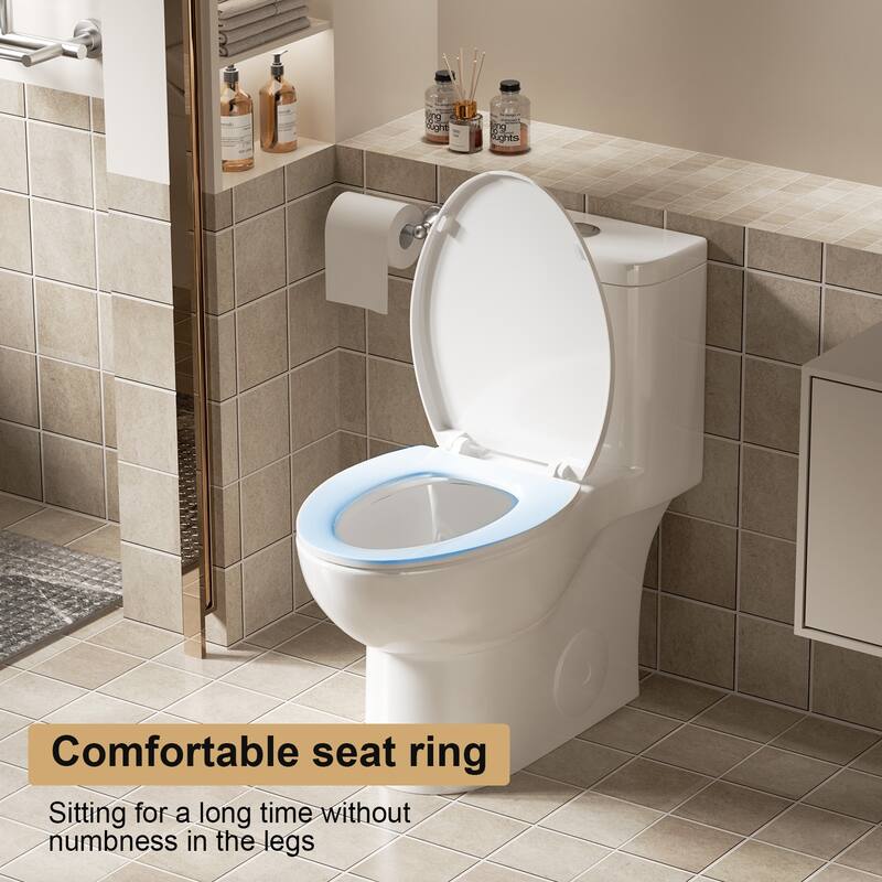 One Piece Tornado Flush Toilet ADA Height 17 Inch. Dual Flush 1.1 1.6 GPF. Rimless Bowl. Soft Close Seat