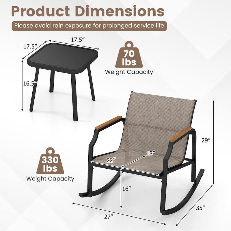 3 Piece Black-Brown Outdoor Rocking Chair Set with Coffee Table and Ergonomic Metal Frame Chairs - 35" x 27" x 29"