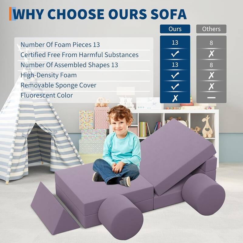 Kids Modular Play Couch, 13 Pcs Toddler Couch With Washable Velvet Covers