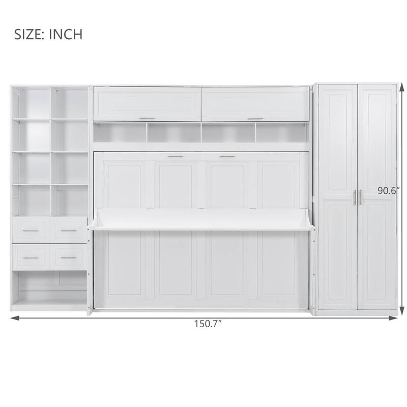 Queen Size Murphy Bed with Side Wardrobe & Flip Design, Foldable Wooden Wall Bed with Storage Drawers & Shelf for Home Office