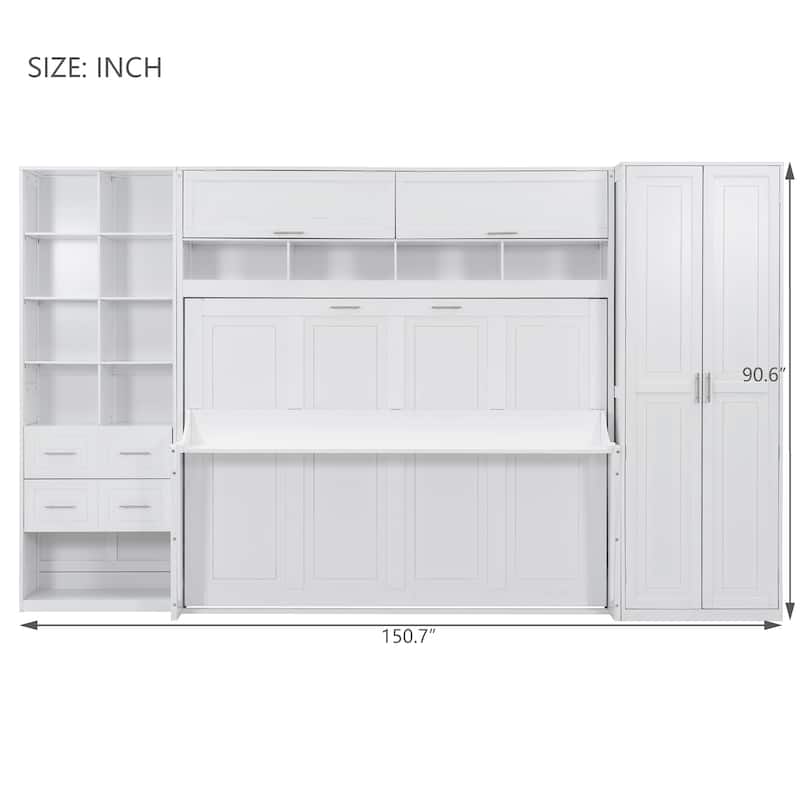 Space-Saving Queen Murphy Bed with Built-in Closet, Drawers and Shelves in White/Gray