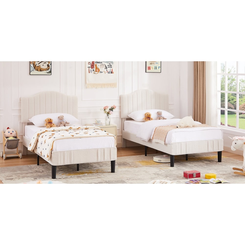 VECELO Height Adjustable Upholstered Kids Bed Frame,Twin Size Bed Set of 2