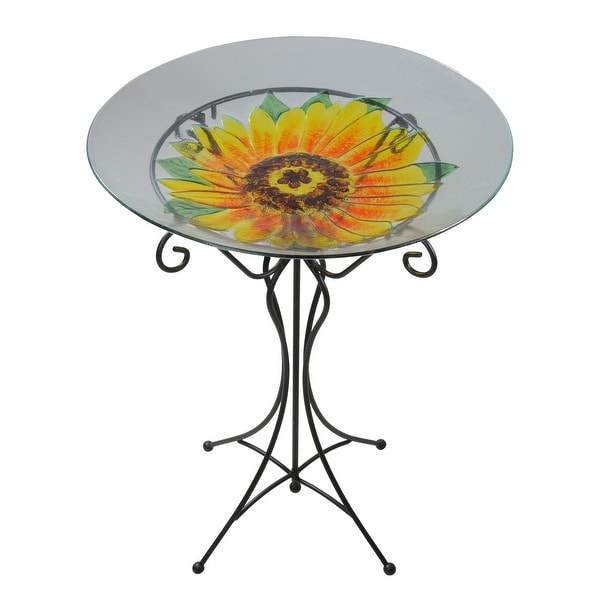 23.5" Yellow Sunflower Spring Outdoor Patio Hand Painted Glass Garden Bird Bath - N/A