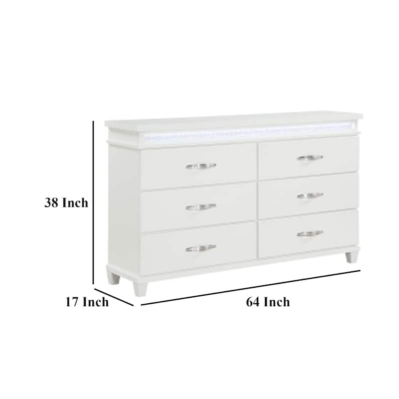 Jisy 64 Inch Wide Dresser 6 Drawers, LED Lights, White Wood, Chrome