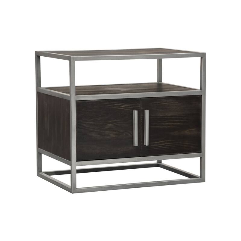 Chek 26 Inch Side Table Nightstand, 2 Doors, 1 Shelf, Dark Brown, Silver Steel