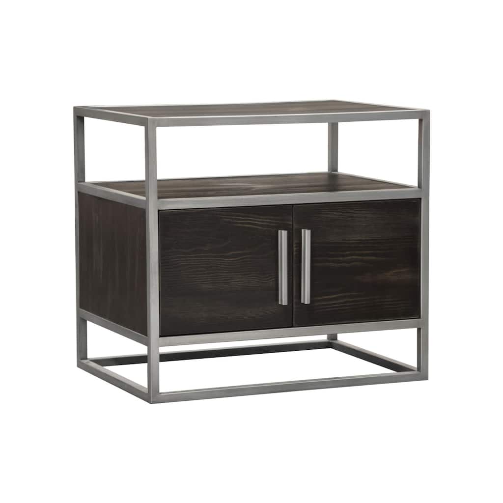 Chek 26 Inch Side Table Nightstand, 2 Doors, 1 Shelf, Dark Brown, Silver Steel