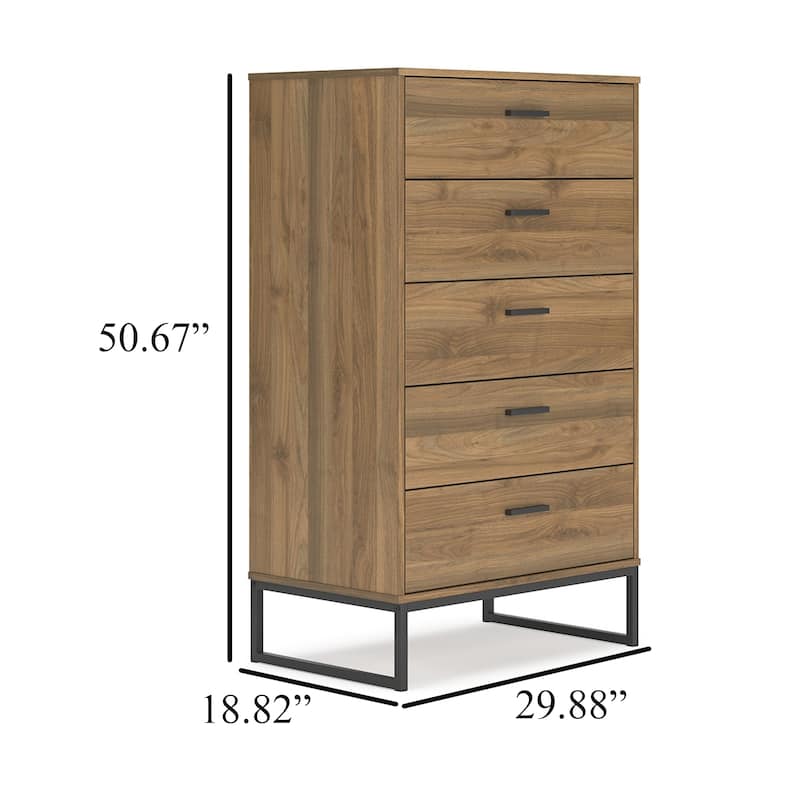 Deana Tall Dresser Chest, 5 Drawers, Brown Wood, Black Metal, 51 Inch