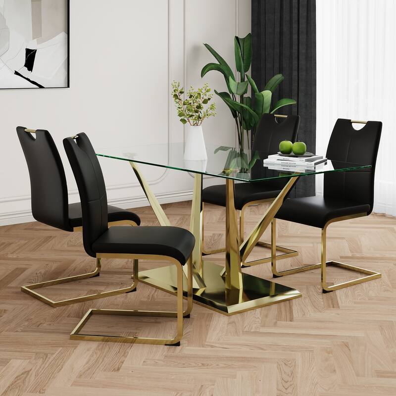 5-Piece Rectangular Dining Table Set for 4 Modern 63" Tempered Glass Kitchen Table with 4 Chairs, Luxury Dining Room Table Set - Black