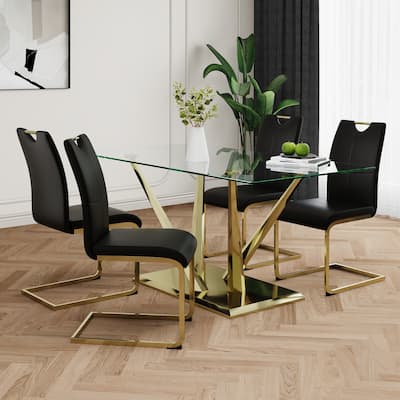 5-Piece Rectangular Dining Table Set for 4 Modern 63" Tempered Glass Kitchen Table with 4 Chairs, Luxury Dining Room Table Set