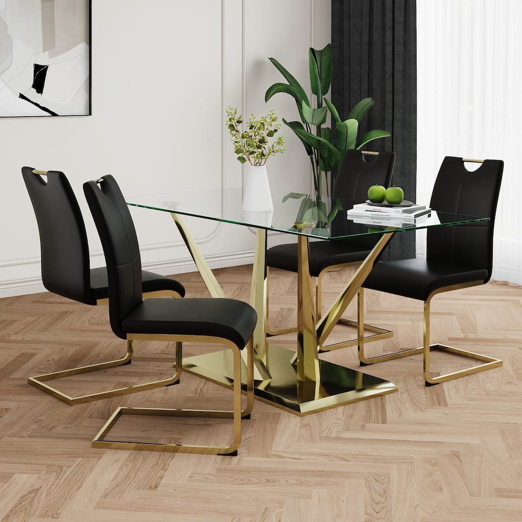 5-Piece Rectangular Dining Table Set for 4 Modern 63" Tempered Glass Kitchen Table with 4 Chairs, Luxury Dining Room Table Set