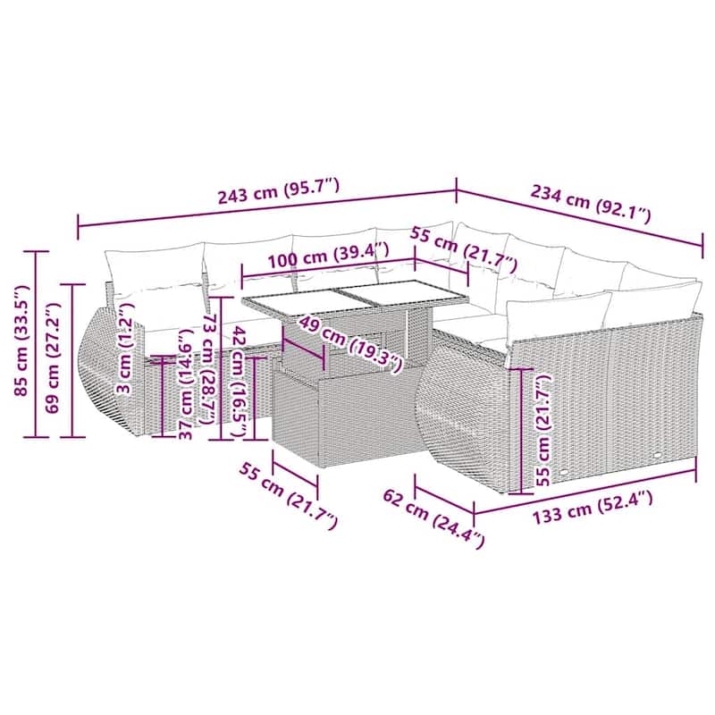 vidaXL Patio Sofa Set with Cushions and Table Outdoor 9 Piece Poly Rattan - 24.4 x 24.4 x 27.2