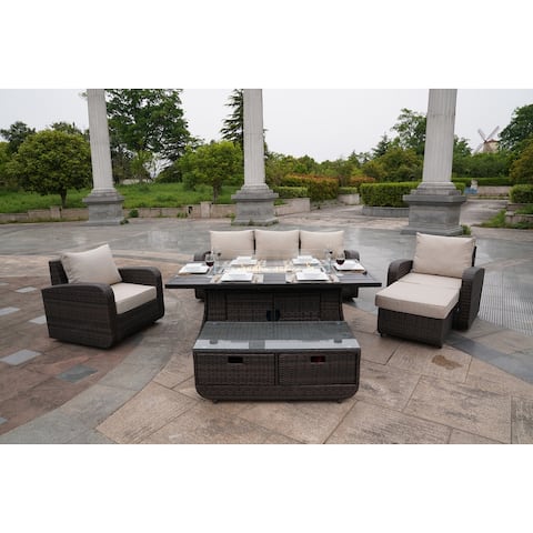 Handwoven Patio Wicker Chat Set with Aluminum Firepit Table