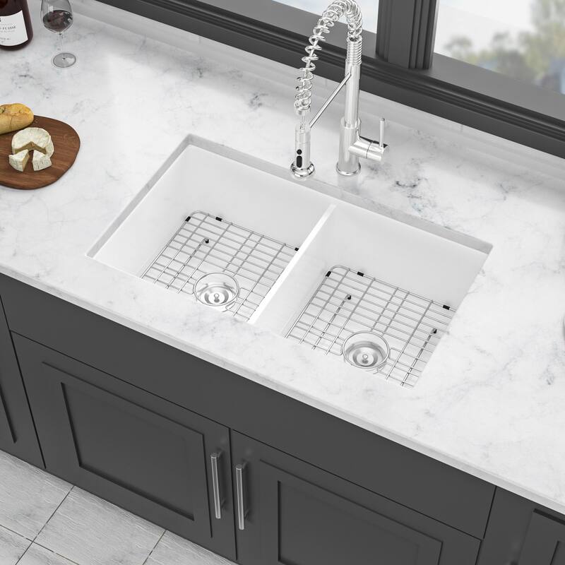 32" Undermount Double Bowl Ceramic Kitchen Sink in White - 32'' x 19'' x 10''