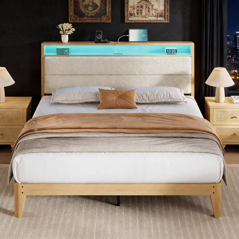 Bed Frame with LED Light, Storage Headboard and Charging Station - Beige - Full