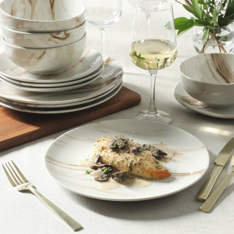 Gibson Home Cloudlight 12 Piece Plates and Bowls Dishes - Decorated Porcelain Ceramic Dinnerware Set - Service for 4