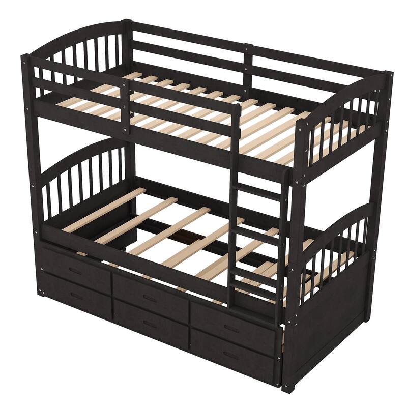 Twin Over Twin Wood Bunk Bed with Trundle and Drawers, Espresso Finish