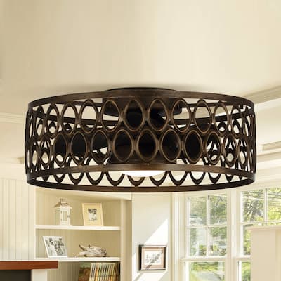 20.9" Antique Bronze Metal Caged Low Profile Ceiling Fan with Light