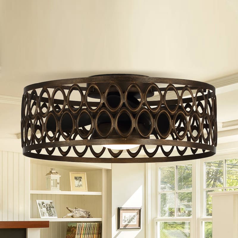 21" Antique Bronze Fandelier Caged Flush Mount Ceiling Fan with Remote - 21 in. D X 21 in. W X 8.1 in. H