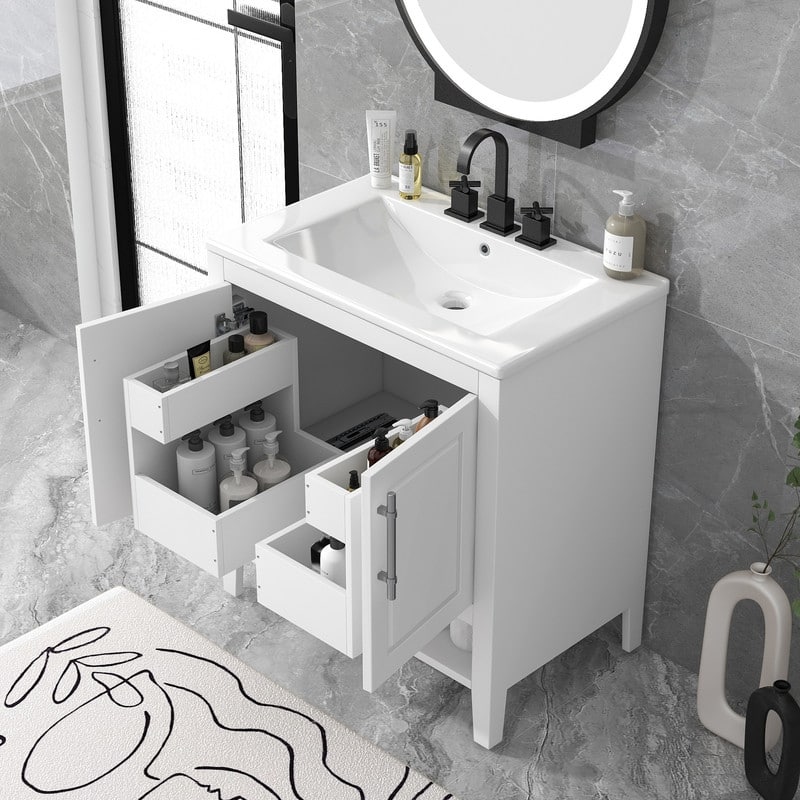 30" Bathroom Vanity with Sink, Multi-functional Bathroom Cabinet with Doors and Drawers, Solid Frame and MDF Board