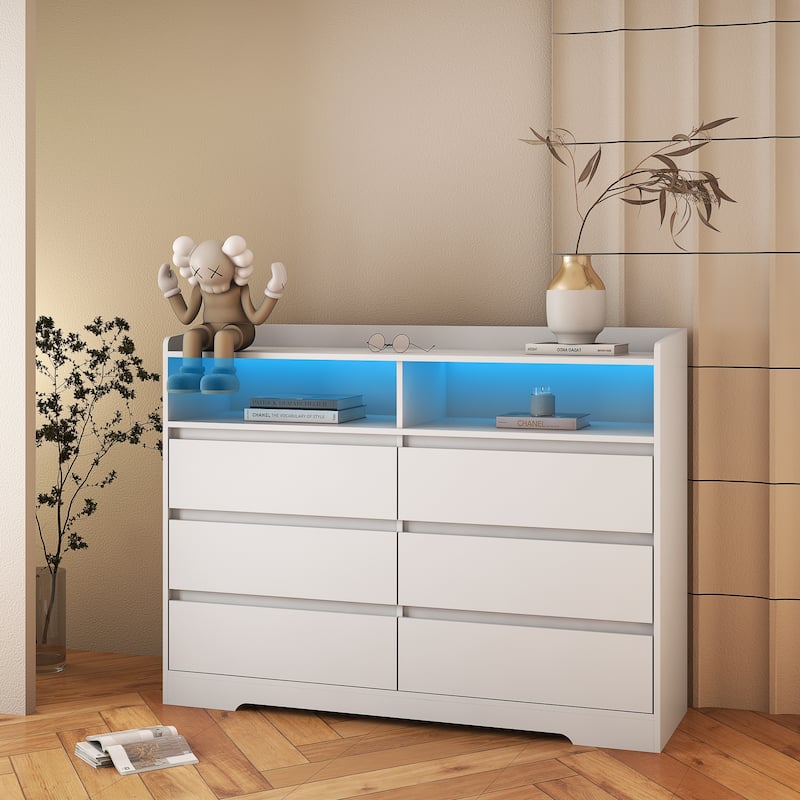 6-Drawer Dresser with LED Lights, Modern Dressers with Sturdy Frame for Living Room