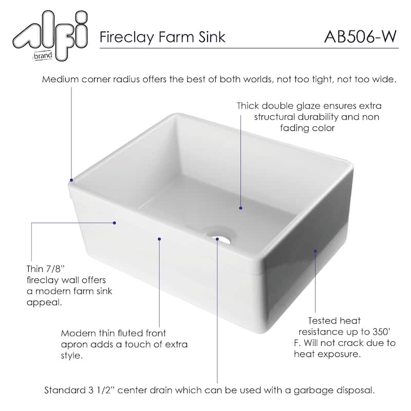 Alfi White Fireclay 26-inch Decorative Lip Single Bowl Farmhouse Kitchen Sink