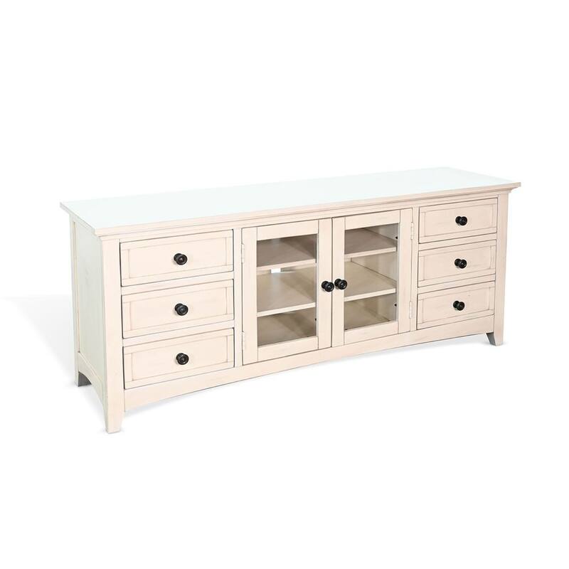Xyla TV Stand Media Cabinet Glass Door, 6 Drawers, White Wood, 62 Inch
