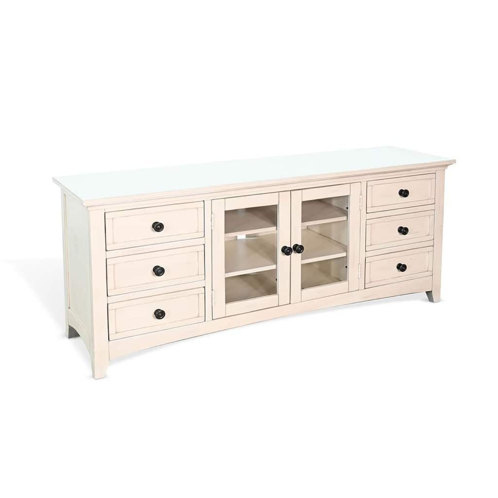 Xyla TV Stand Media Cabinet Glass Door, 6 Drawers, White Wood, 62 Inch