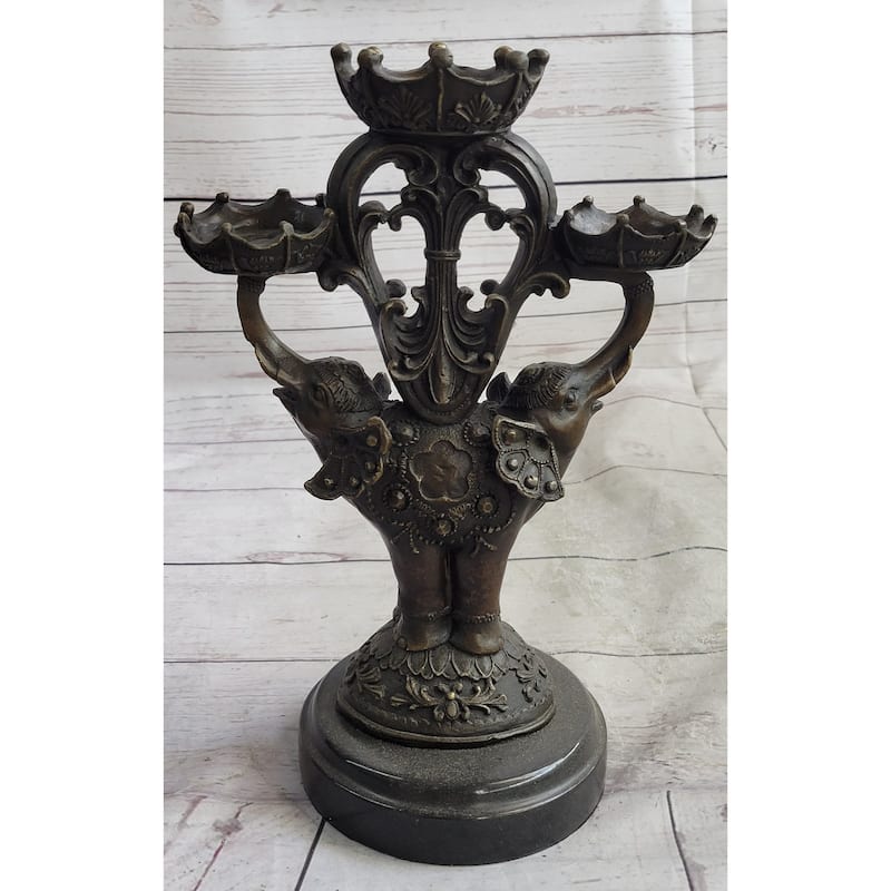 Two Headed Imitative Elephant Candle Holder Bronze Sculpture Marble Base Figurine Statue