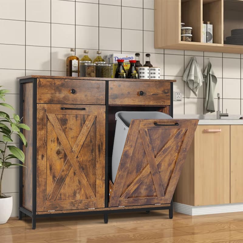 Hideaway Drawer Tilt Out Trash Cabinet Double Door Dual Rustic Wooden Kitchen Cabinet - Brown
