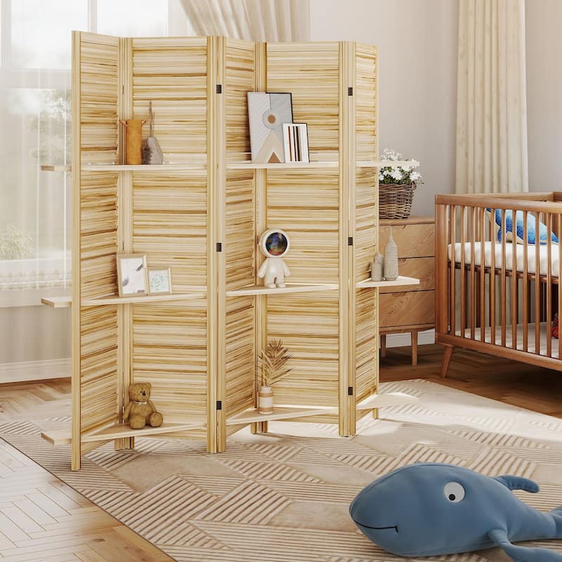 HOMCOM 5 Panel 67" Tall Wood Room Divider, Privacy Screen with 3 Display Shelves, and Folding Storage for Bedroom or Home Office
