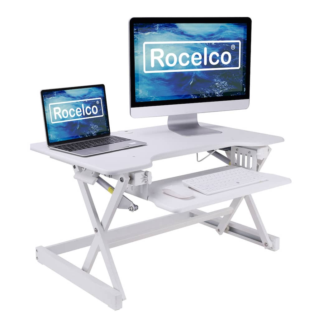 Rocelco 32 in. W White Height Adjustable Standing Desk Converter Dual Monitor Riser with Gas Spring Assist Mechanism