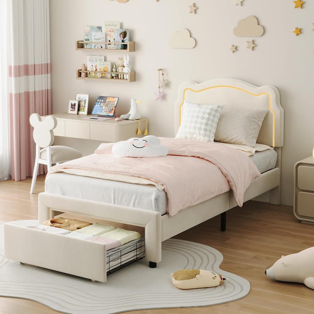 Twin Size Platform Bed Frame, Velvet Upholstered Bed Frame with Height Adjustable Bear-Shaped Headboard