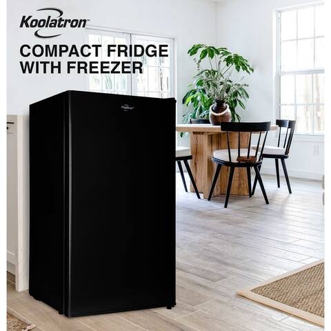 Koolatron Compact Fridge w/ Freezer, 3.2 cu ft (91L), Black, Space-Saving Flat Back, Reversible Door