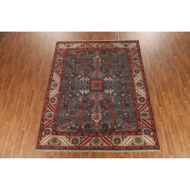 Hand Knotted Oriental 100% Wool Carpet Traditional Geometric Navy Blue & Blues Heriz (serapi) Area Rug - 10' 0'' X 7' 10''
