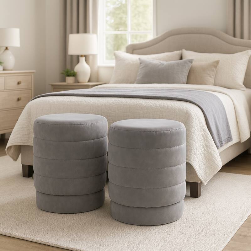 Round Upholstered Ottoman - Compact Pouf Footstool - 19", Grey - Gray - 19.0"