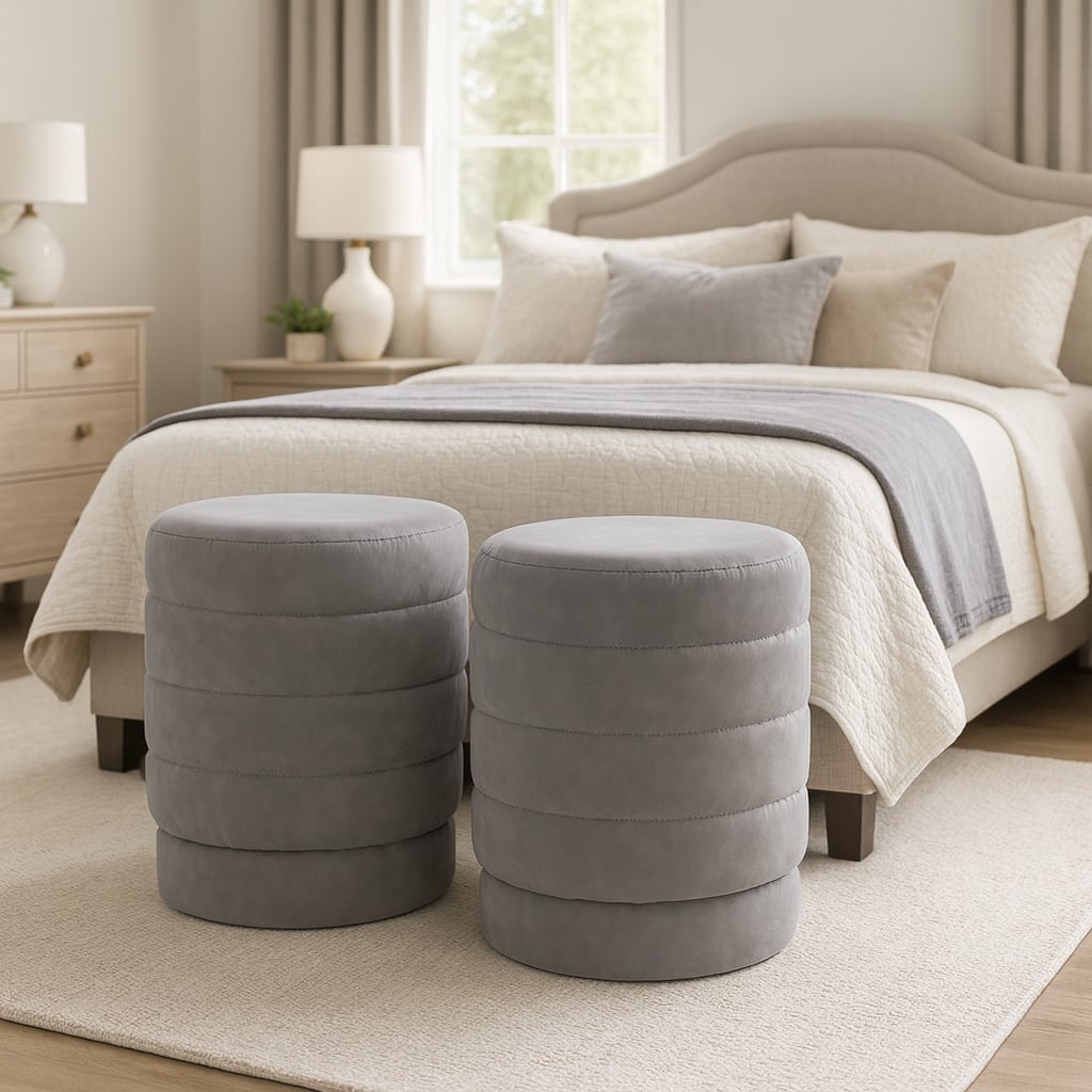 Round Upholstered Ottoman - Compact Pouf Footstool - 19", Grey
