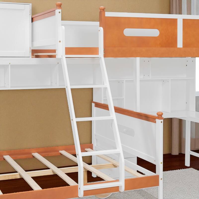 Twin Over Full Wooden Bunk Bed with Desk, Drawers, Shelves, Cabinet & LED Light, White and Orange