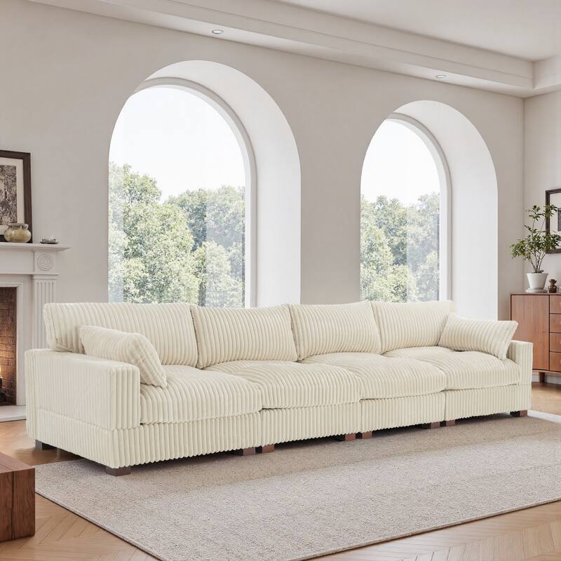 Plush Corduroy Upholstered Modular Sectional Sofa with Pillows - Symmetrical - White-4 Pieces