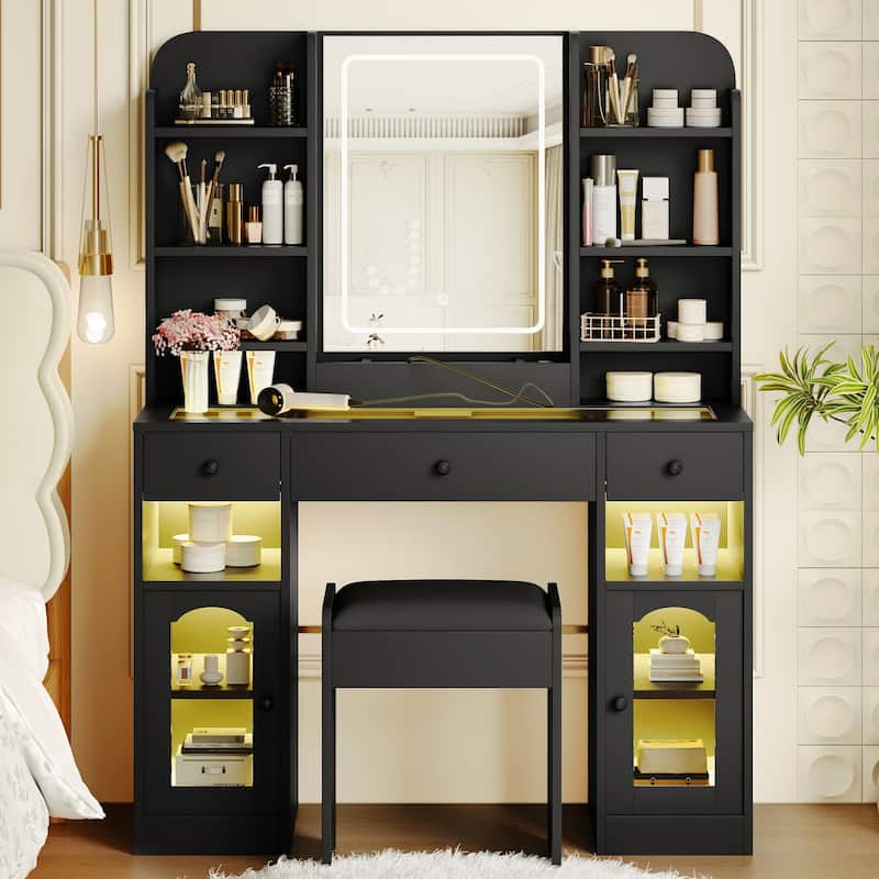 43" Glass Top Vanity Desk with LED Mirror & Stool, Modern Makeup Table with RGB Light Cabinets & 3 Drawers