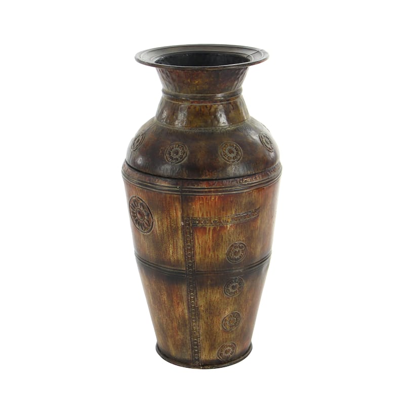 Metal Indoor Outdoor Large Vase with Floral Relief - Set of 2 Brown - Roche River Decor - 12"W x 12"L x 29"H