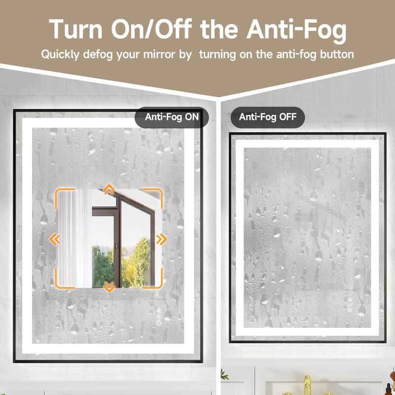 Black LED Bathroom Mirror with Tempered Glass, Anti-Fog and Dimmable