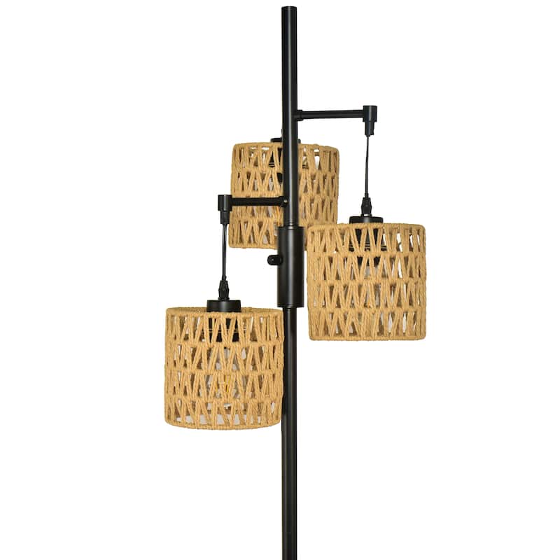 Boho 3-Light Tree Floor Lamp With Rattan Drum Shades