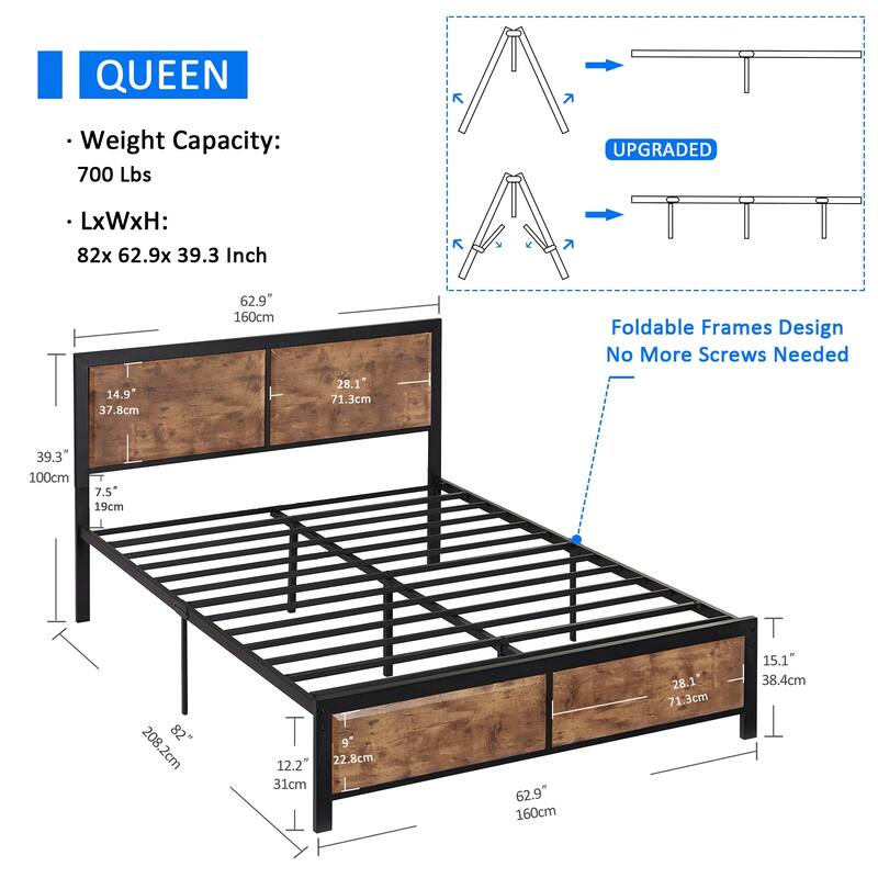Javlergo Industrial Platform Bed Frame with Wood Headboard and Footboard