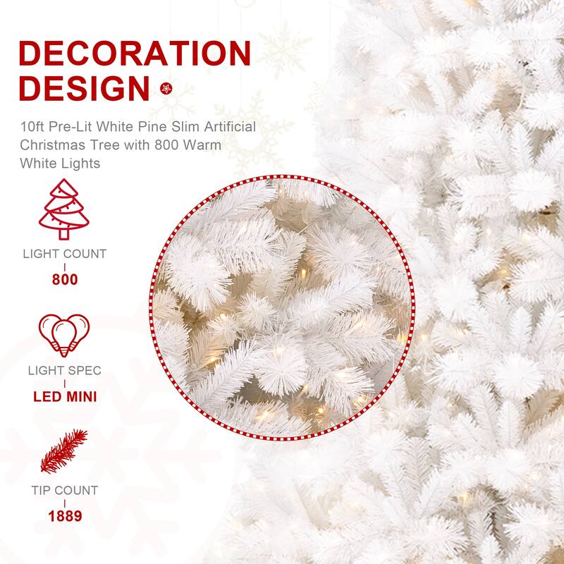 Glitzhome 8ft/10ft Pre-Lit Deluxe White Pine Slim Christmas Tree with Remote Controller